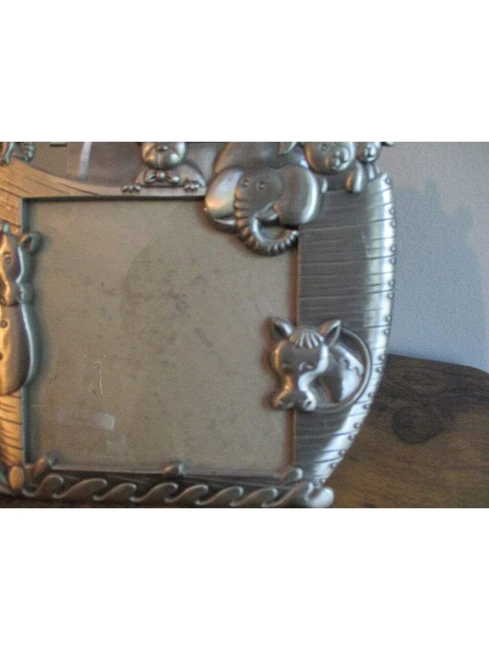 Vintage Noahs Ark Pewter Picture Frame 3D Baby Animals Silver Tone Nursery Decor